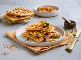 Linsen-Waffeln getoppt mit Rahmgeschnetzeltes