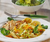 Sommerliche Hähnchenbrust mit Gemüse und gerösteten Kartoffeln