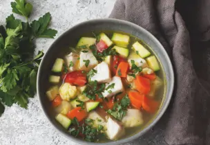 Gemüse-Fisch-Suppe in grauer Schale 