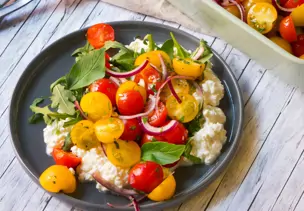 Bunter Tomatensalat auf körnigem Frischkäse