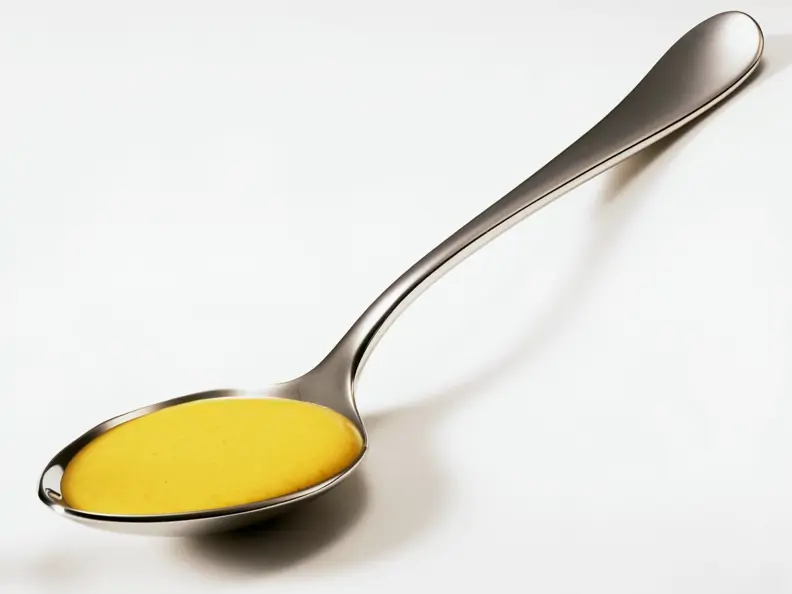 Gelbe Currysoße auf einem silbernen Löffel