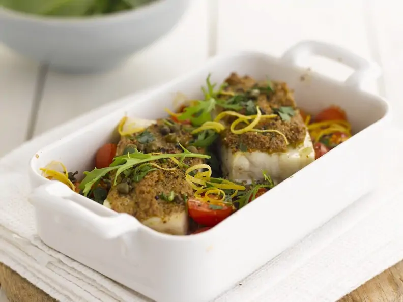 Knuspriger Seelachs mit Cherrytomaten und Zitronenzesten