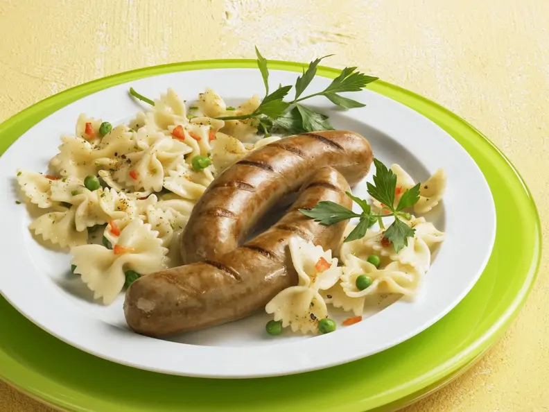 Gebratene Wurst mit buntem Nudelsalat