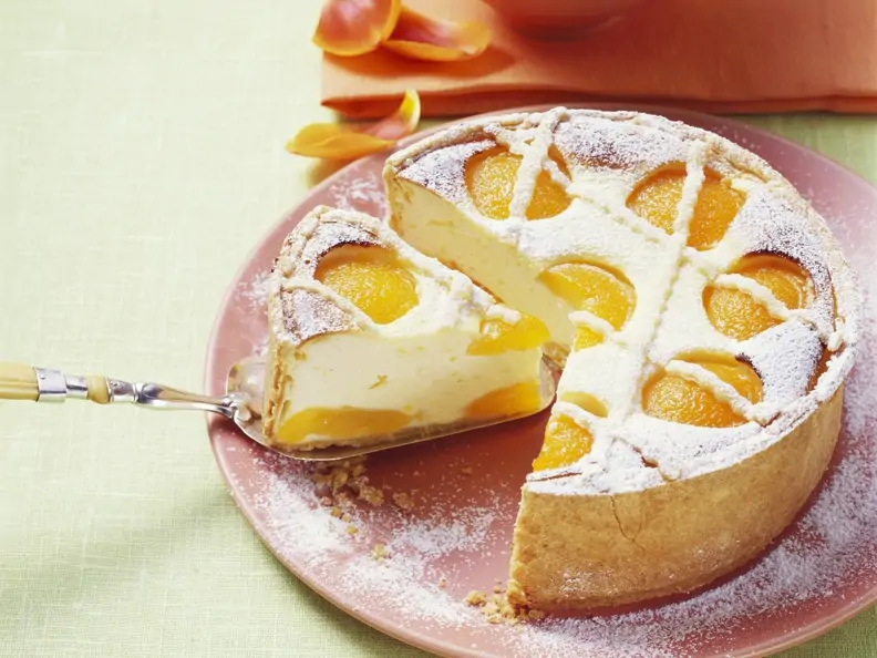 Klassischer Aprikosen-Quark-Kuchen auf einem rosa Teller
