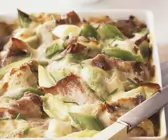 Schweinebraten-Lauch-Gratin mit Käse