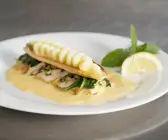 Saibling vom Königssee mit Kartoffelcreme und Spinat