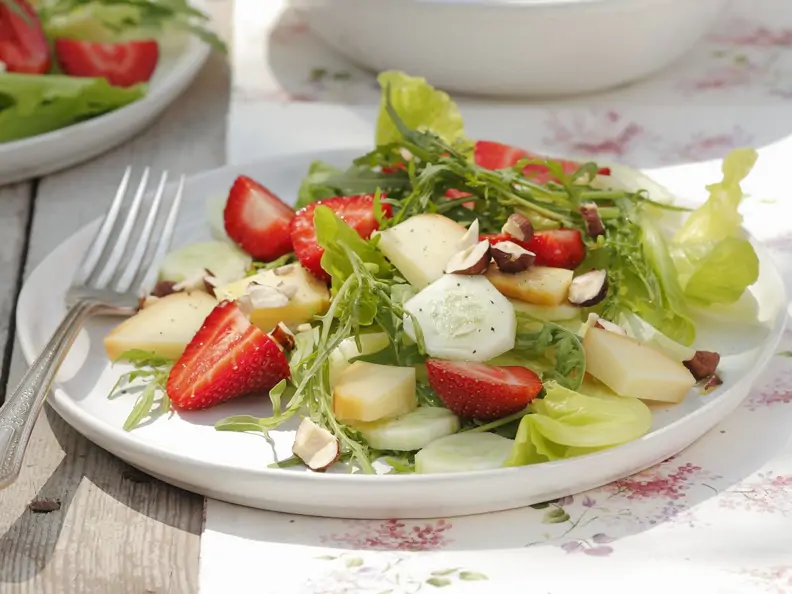 Sommerlicher Salat mit Erdbeeren, Gurken, Nüssen und geräuchertem Schafskäse