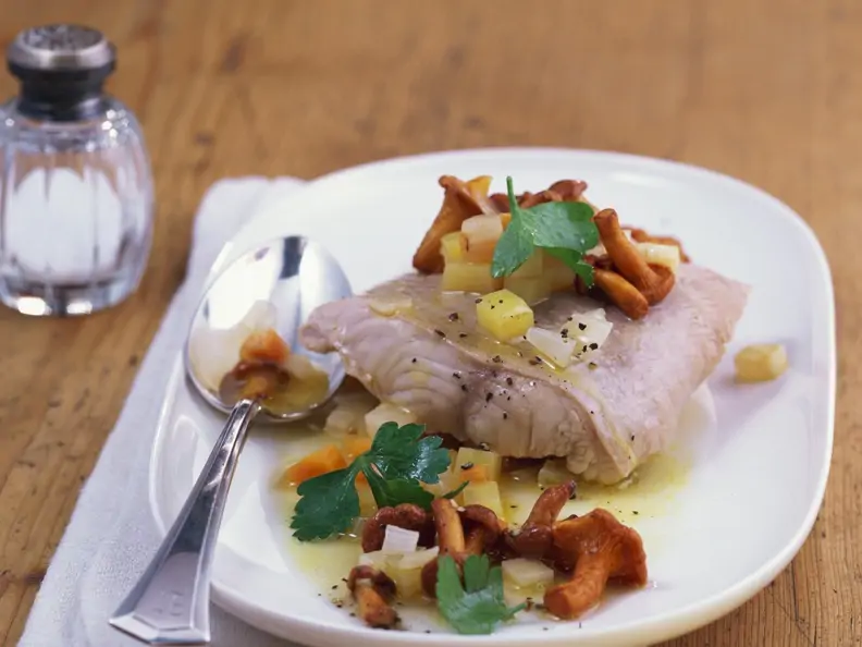 Wallerfilet mit Pfifferling-Kartoffel-Soße