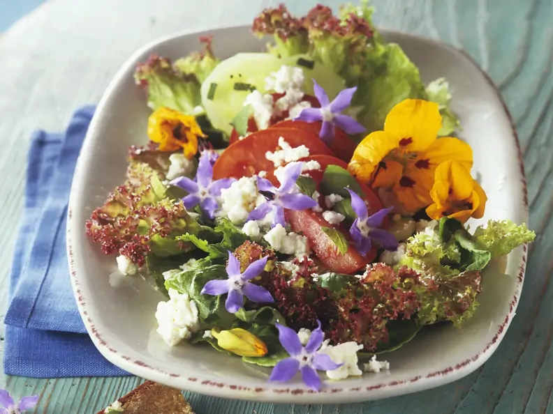 Salat mit essbaren Blüten, Schafskäse und Knoblauch-Brot