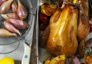 Perlhuhnbraten mit Schalotten und Zitronen