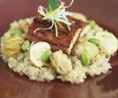 Gebratener Heilbutt mit Risotto, Champignons und Karotten