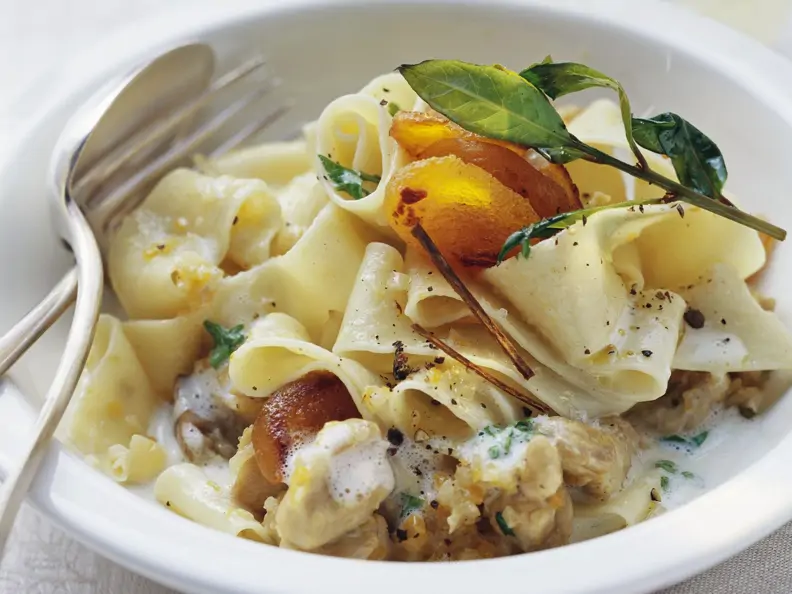 Kaninchenragout mit Nudeln und Aprikosensoße