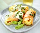 Spaghetti mit geräuchertem Lachs und Porree