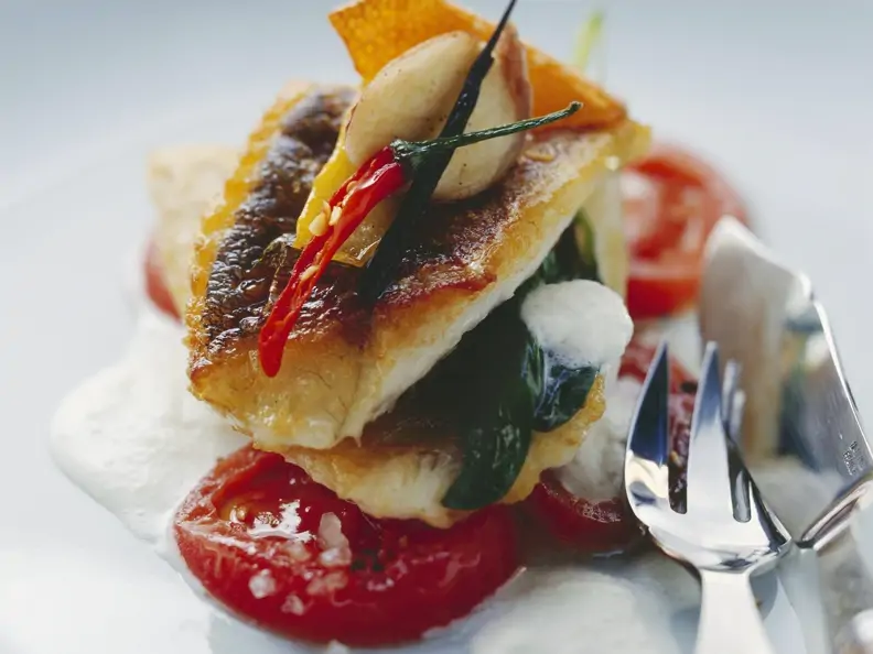 Zanderfilet auf marinierten Tomaten und schaumiger Buttermilchsoße