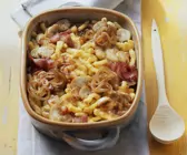Überbackene Spätzle mit Speck, Champignons und Zwiebeln