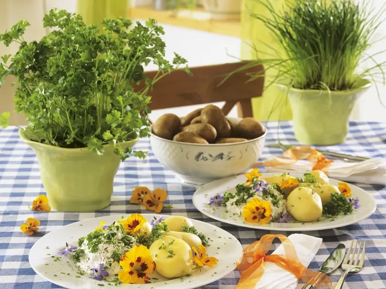 Kartoffeln mit Kräuterquark und essbaren Blüten