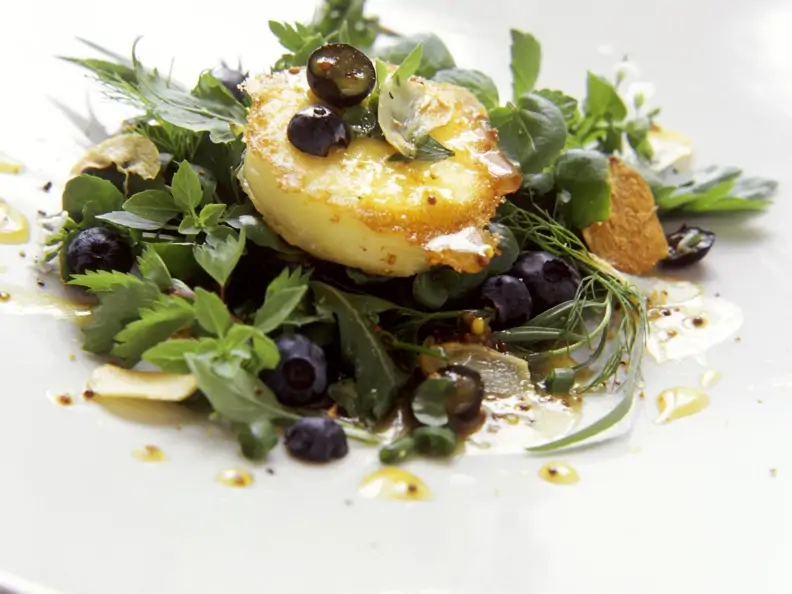 Kräuter-Blaubeer-Salat mit Ziegenkäsetaler