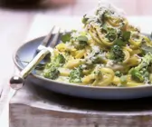 Pasta mit sahniger Brokkolisoße mit Parmesam bestreut auf blauem Teller