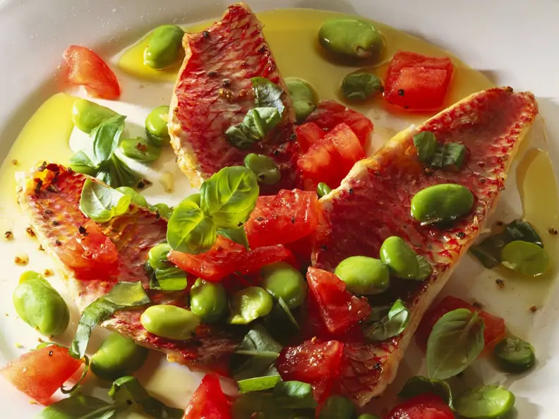 Rotbarbenfilets mit Saubohnen und Tomaten