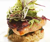 Gegrillter Lachs mit Linsen, Kräutersalat und Honig-Ziegenkäse-Emulsion