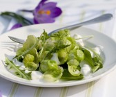 Salat mit Rosenkohl, Bärlauch, Löwenzahn und Joghurt