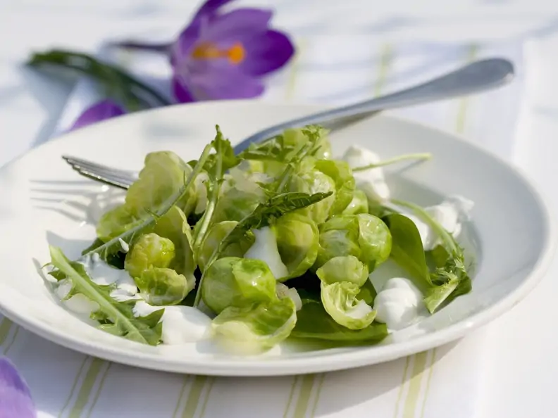 Salat mit Rosenkohl, Bärlauch, Löwenzahn und Joghurt