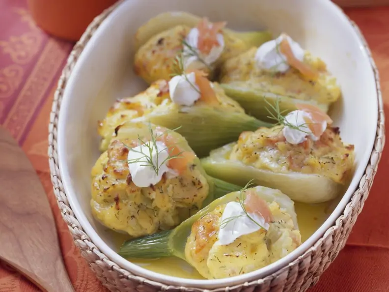 Gefüllter Fenchel mit Püree und Räucherlachs