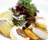 Trüffel-Jakobsmuscheln mit Maistalern und Salat als Vorspeise