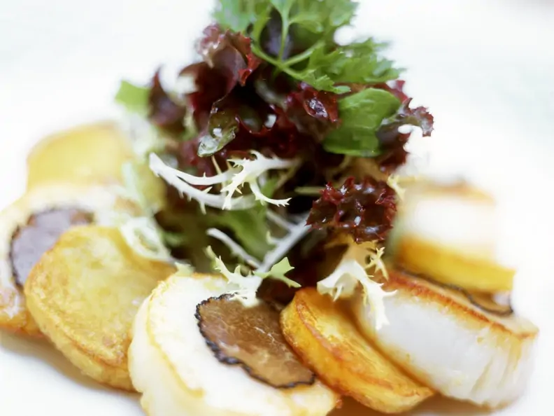 Trüffel-Jakobsmuscheln mit Maistalern und Salat als Vorspeise