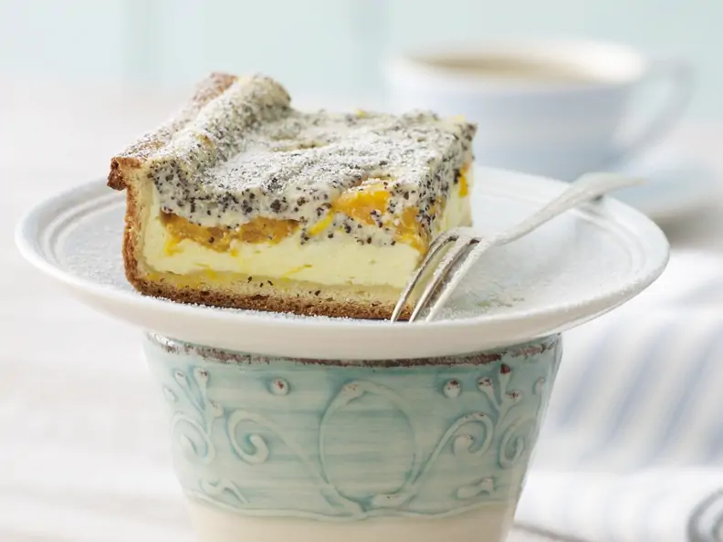 Ein Stück Käsekuchen mit Mohnbelag auf weißem Teller