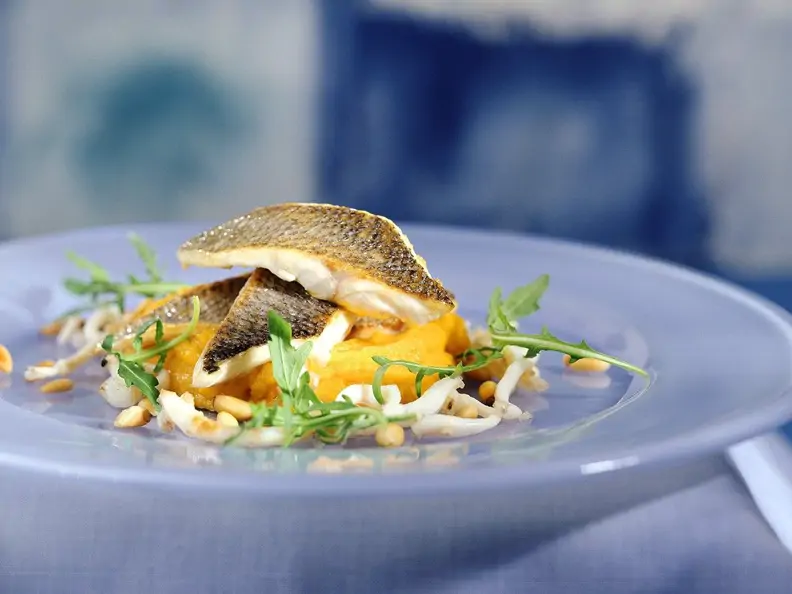 Loup de mer mit Karoffel-Kürbispüree