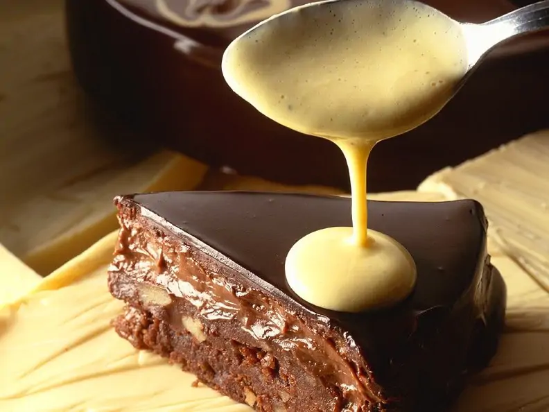 Ein Stück Schokoladentorte mit Vanillecreme