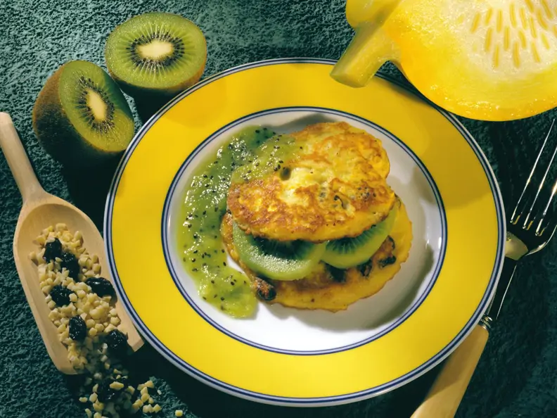 Kürbis-Puffer mit Kiwipüree