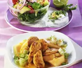 Fruchtiges Hähnchen mit Lauch und Salat