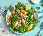 Brunnenkressesalat mit Spargel, pochiertem Lachs und Eiern