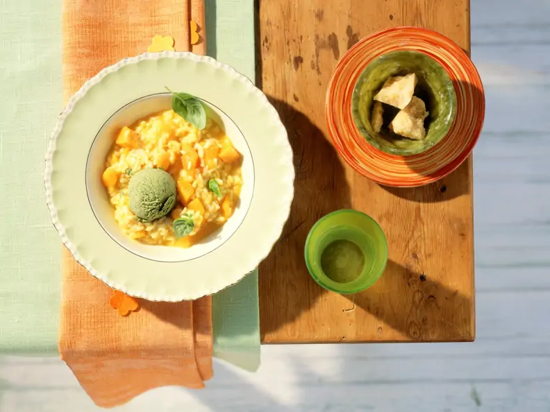 Kürbisrisotto mit Basilikum-Eis
