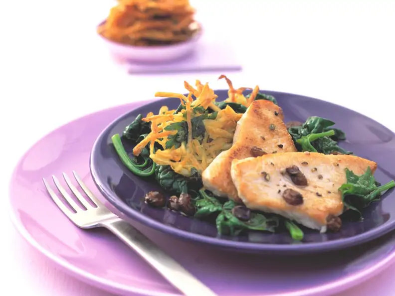 Putenschnitzel mit Kartoffel-Rösti und Spinat