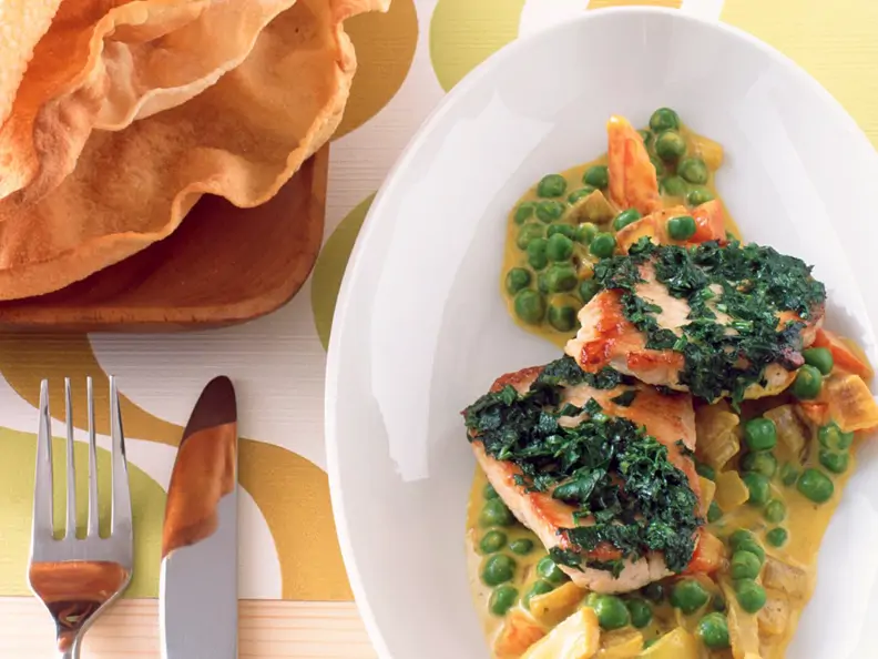 Erbsen in Currycreme mit Schnitzelchen