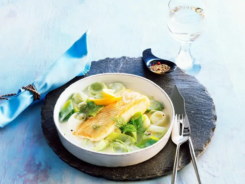Kabeljau gebraten mit Lauchgemüse