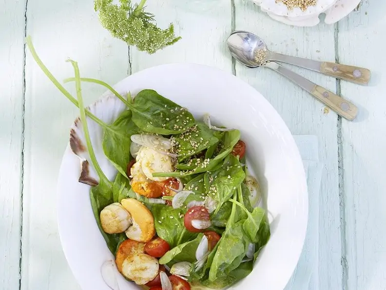 Jakobsmuscheln mit Salat aus Spinat