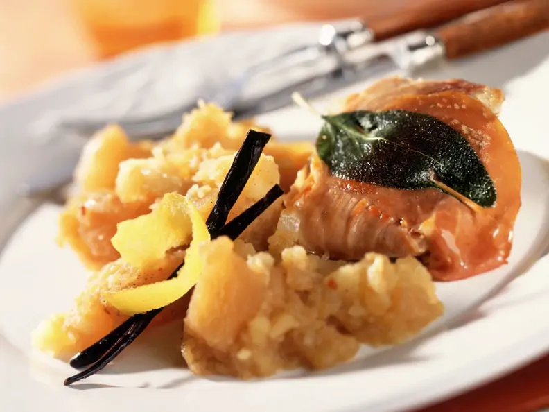 Steckrüben-Kartoffel-Püree mit Saltimbocca