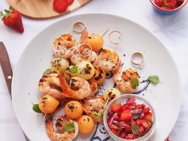 Shrimps-Spieße mit Melone
