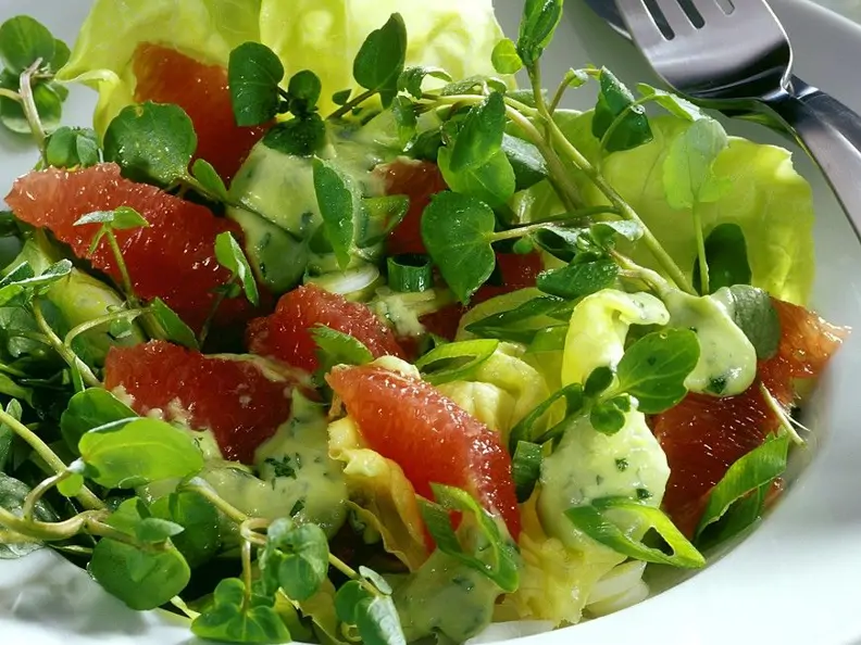Salat nach kalifornischer Art mit Grapefruit und Frühlingszwiebeln
