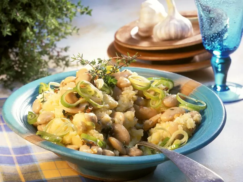 Kartoffelbrei mit Bohnen-Lauchgemüse