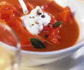 Paprika-Tomatensuppe mit Wacholderrahm