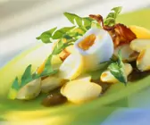 Kartoffeln mit Löwenzahn, Speck und Ei