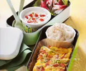 Speck-Tortilla, Reis und Erdbeerquark