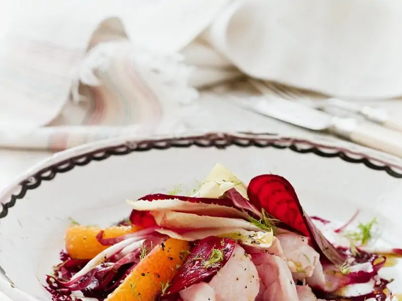 Barsch-Carpaccio mit Roter-Bete und Orange