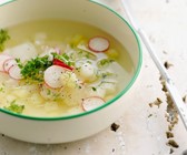 Klare Suppe mit Radieschen und Spargel