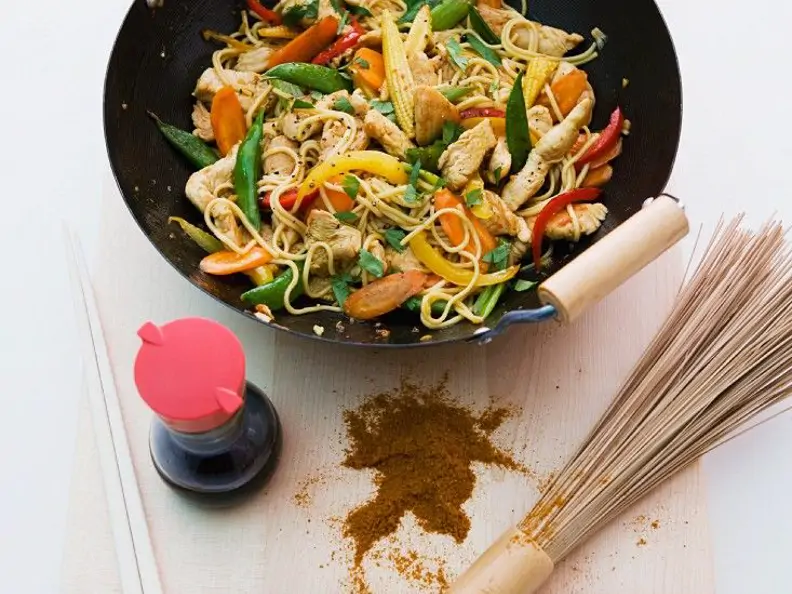 Gemüse mit Nudeln und Putenstreifen aus dem Wok